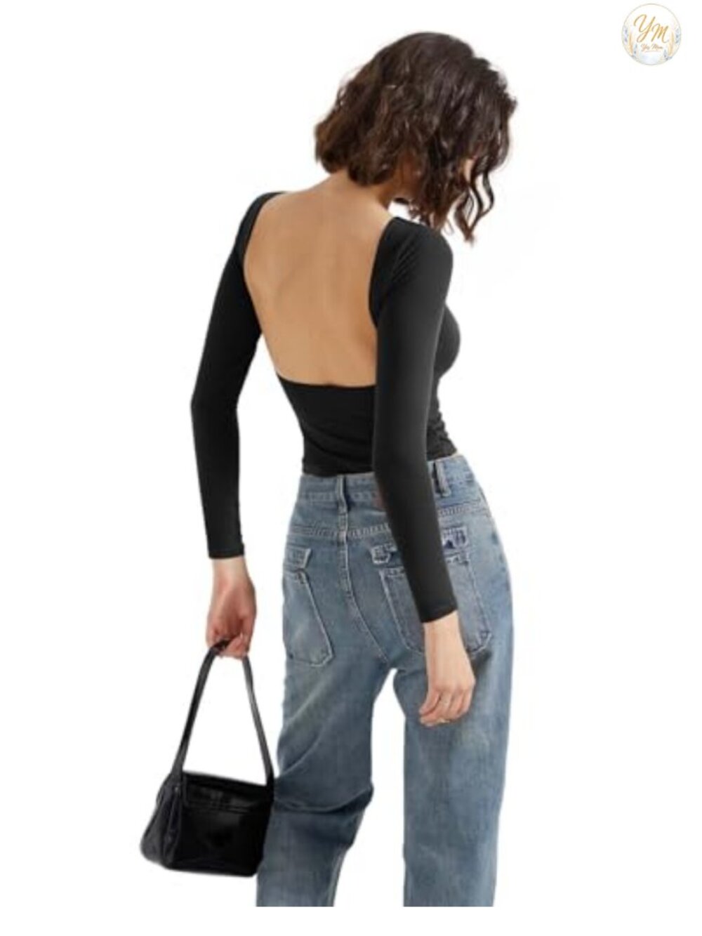 Double Lined Backless Going Out Top Long Sleeve Boat Neck Fitted Tee - Picture 6 of 6